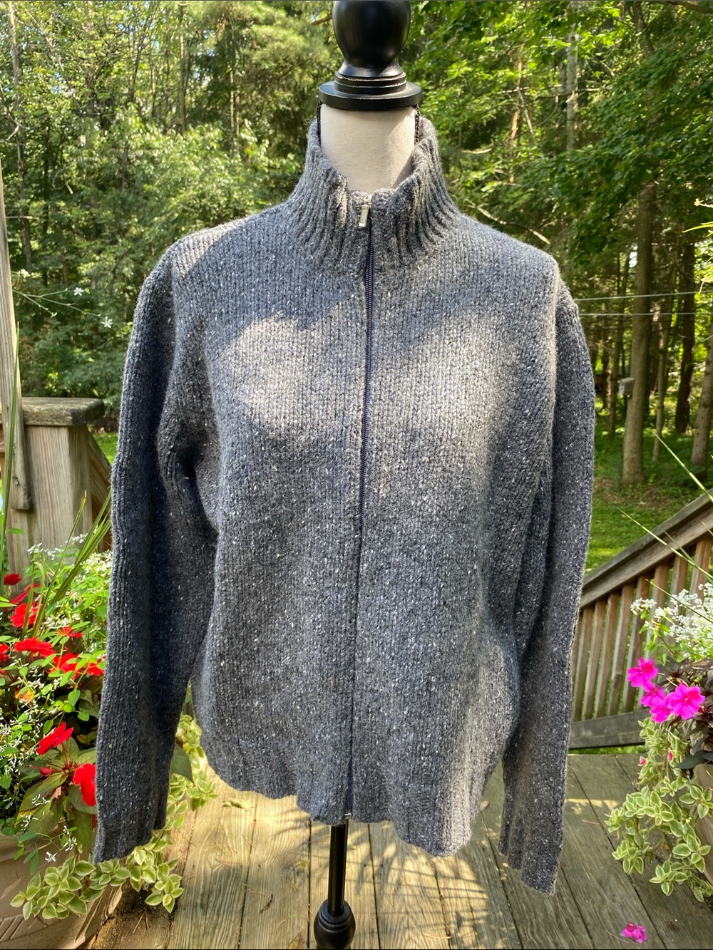 Talbots Charcoal Zip-Front Ribbed Mock Neck Cardigan